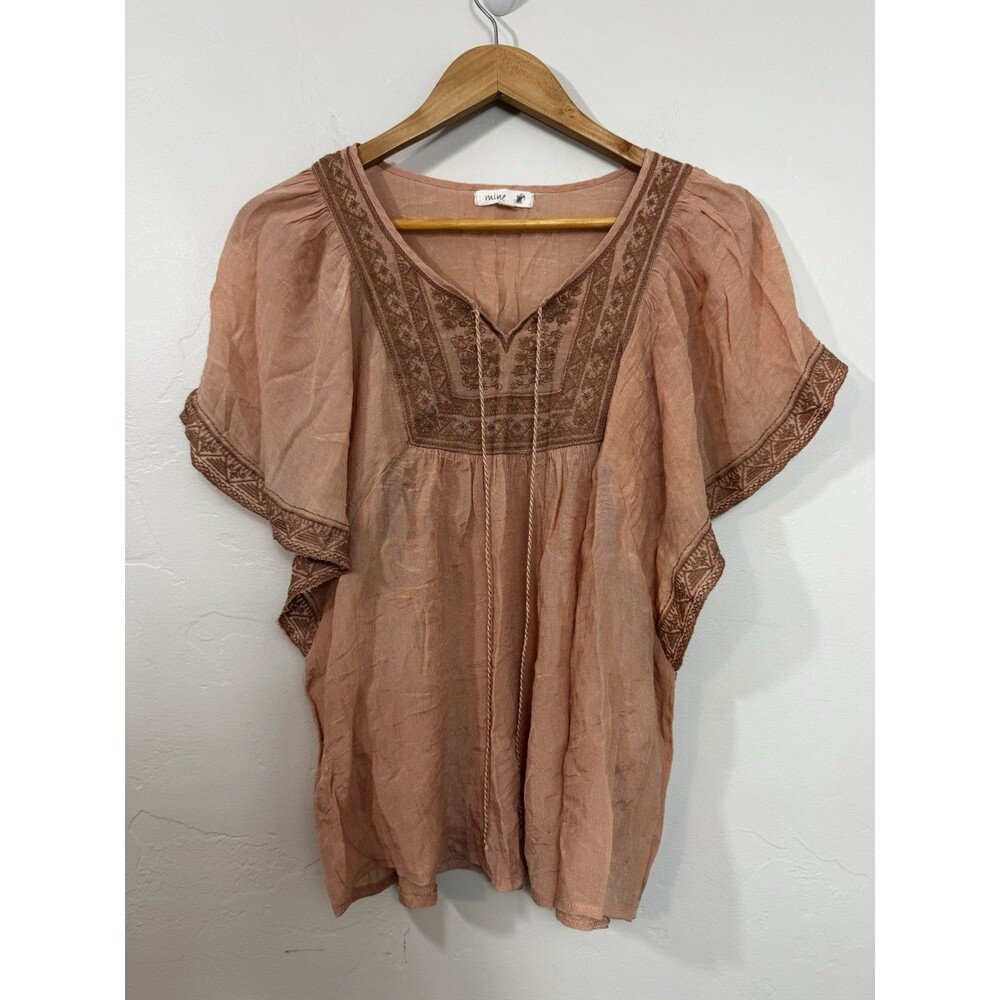 MINE.. Women's Small Boho Top Embroidered Flutter Sleeve Fairy Whimsical Brown